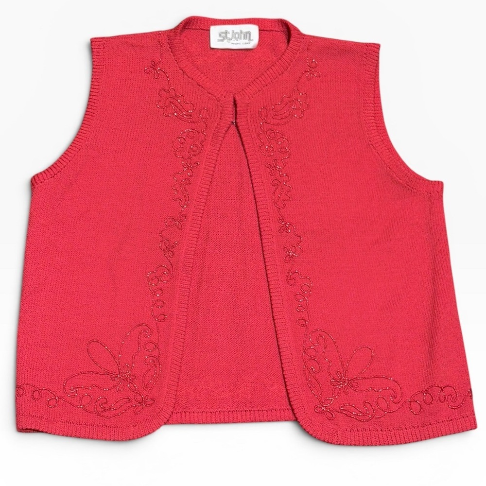 Vintage St John Marie Gray Red Knit Vest Floral Embroidery Open Front Sleeveless